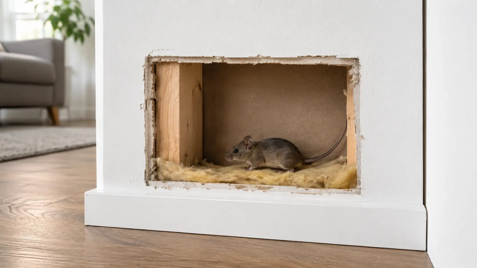Maus in einem geöffneten Wandhohlraum mit Dämmmaterial