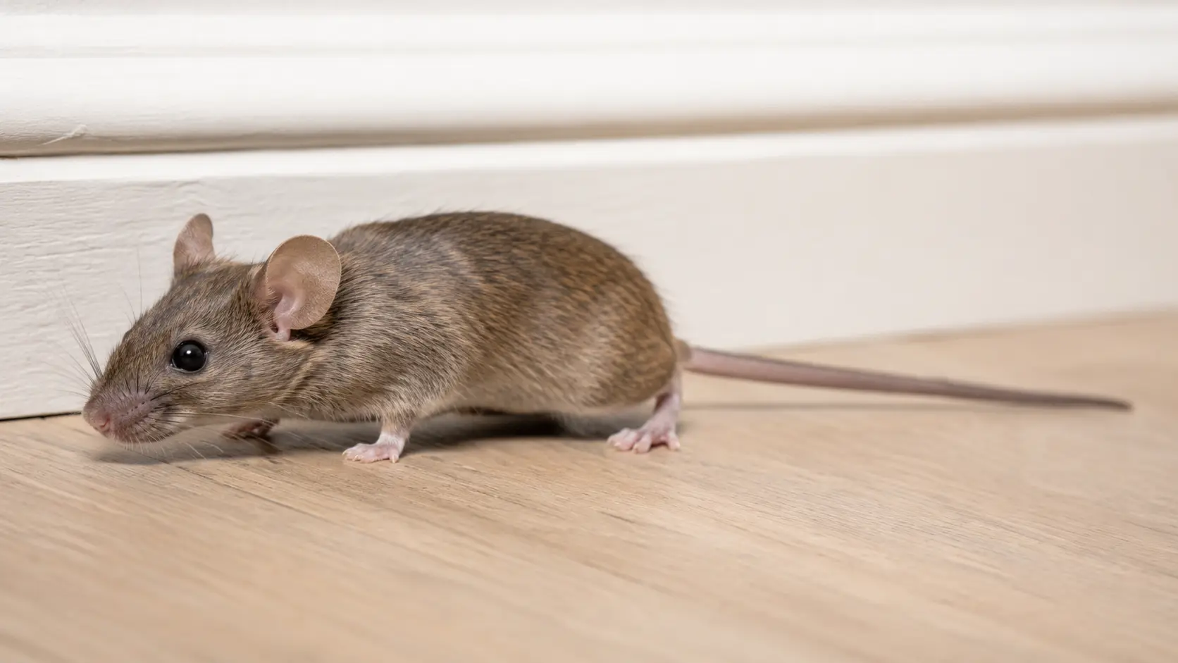 Hausmaus an einer weißen Fußleiste auf hellem Holzboden