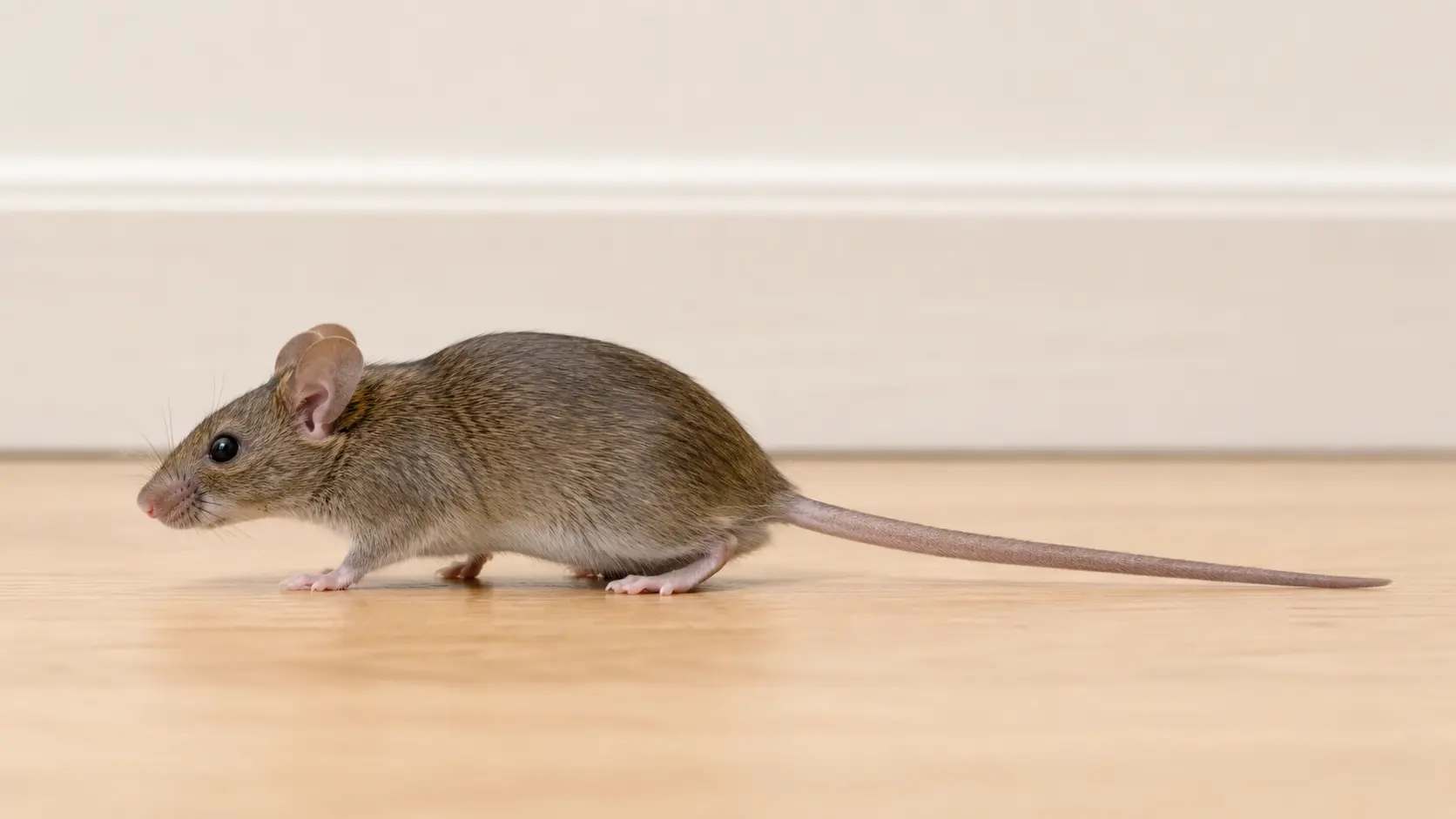 Hausmaus in Seitenansicht mit langem, spärlich behaartem Schwanz