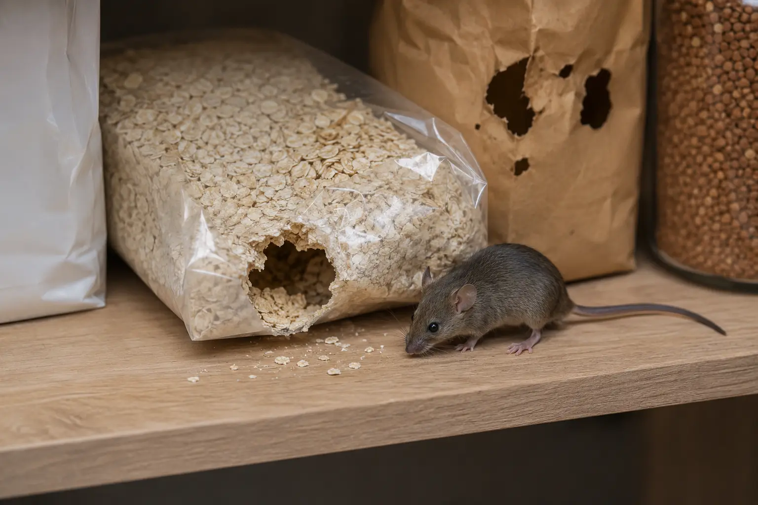 Angenagte Lebensmittelverpackungen in einem Vorratsregal mit einer Maus