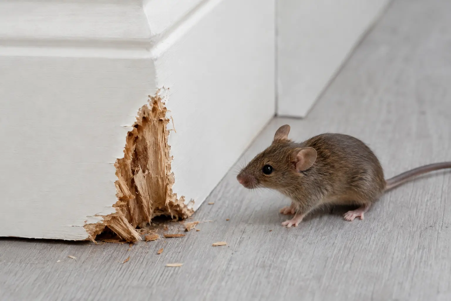 Nagespuren an einer hölzernen Fußleiste, daneben eine Maus