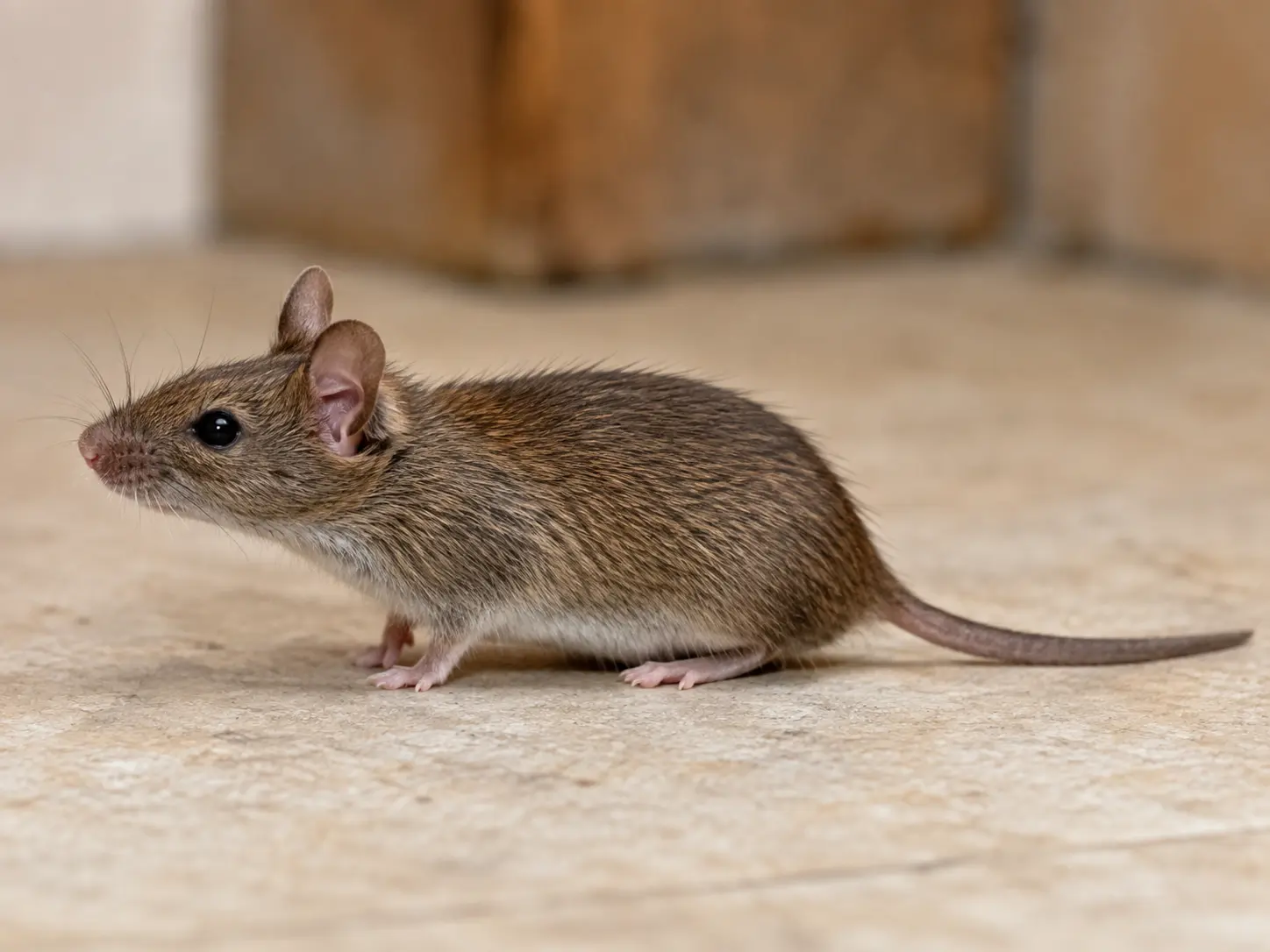 Hausmaus auf einem Fußboden vor einem Möbelstück