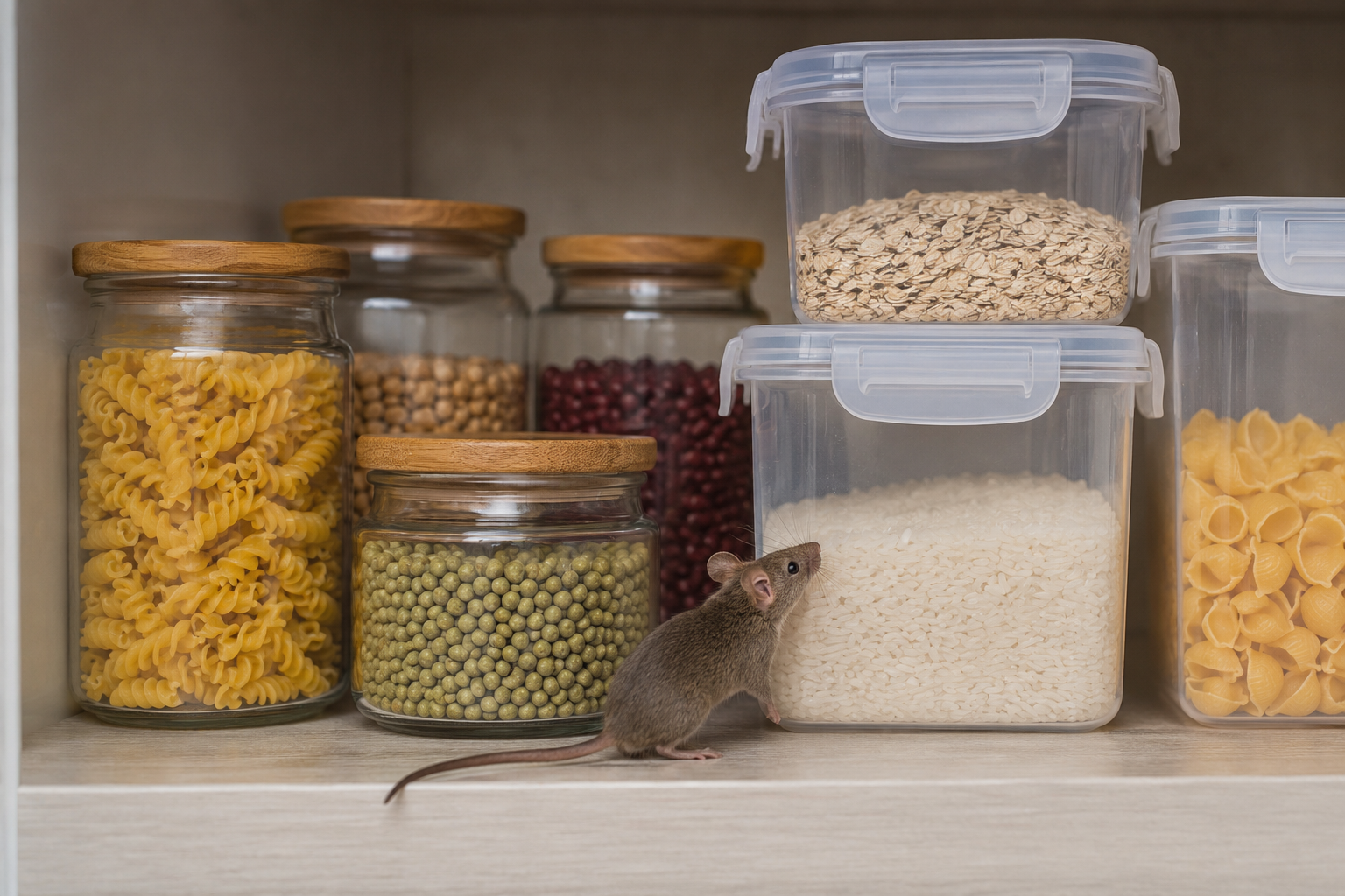 Vorräte in verschlossenen Behältern und Gläsern im Regal, davor eine Maus