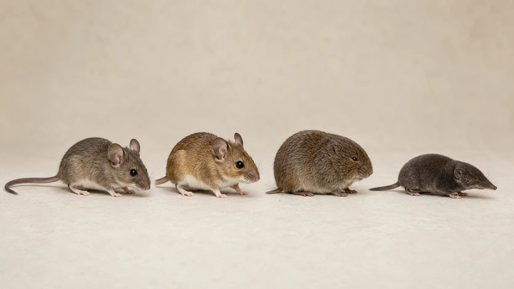 Hausmaus, Waldmaus, Wühlmaus und Spitzmaus nebeneinander im Vergleich