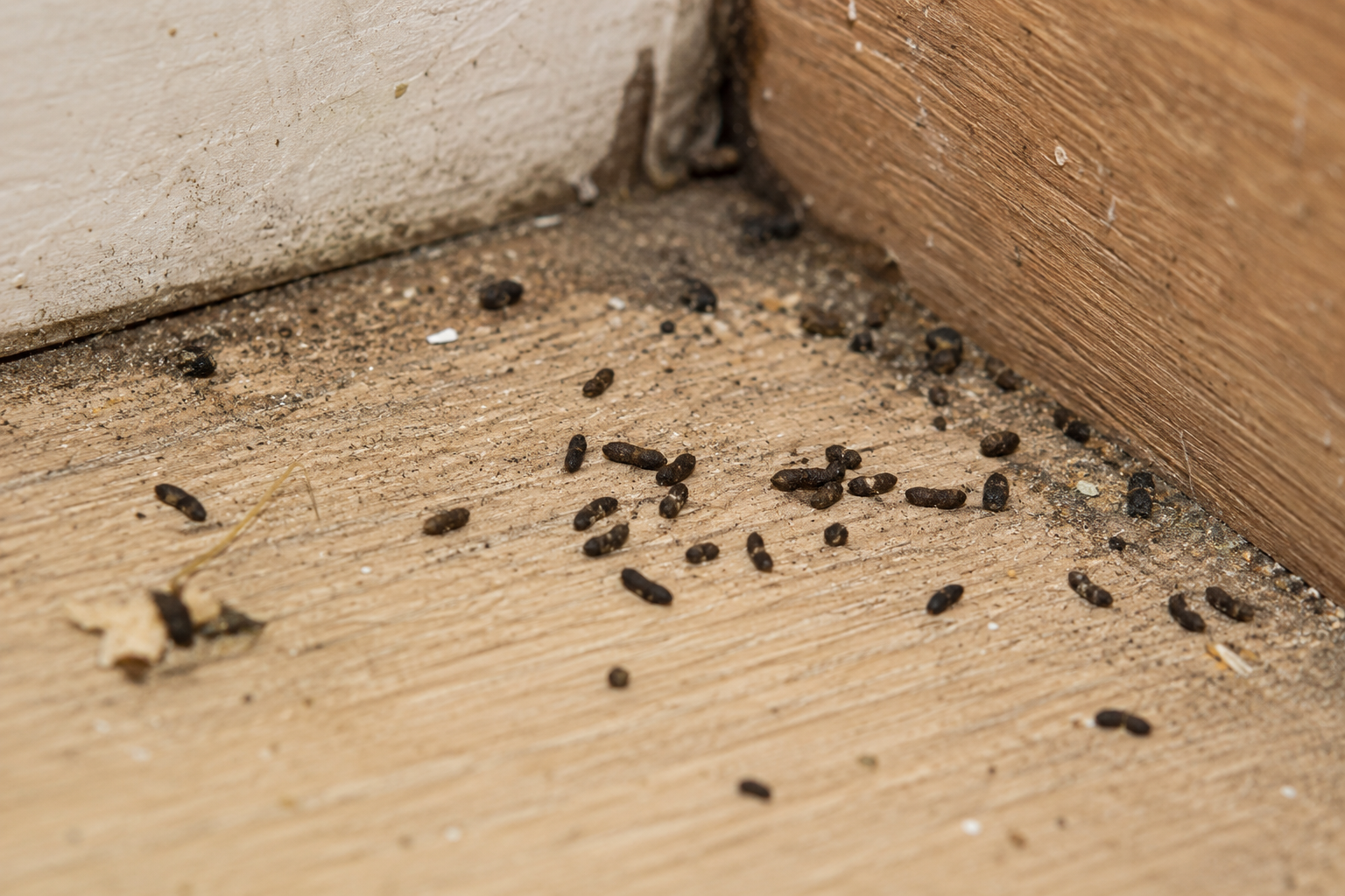 Mäusekot auf einem Holzboden entlang einer Fußleiste