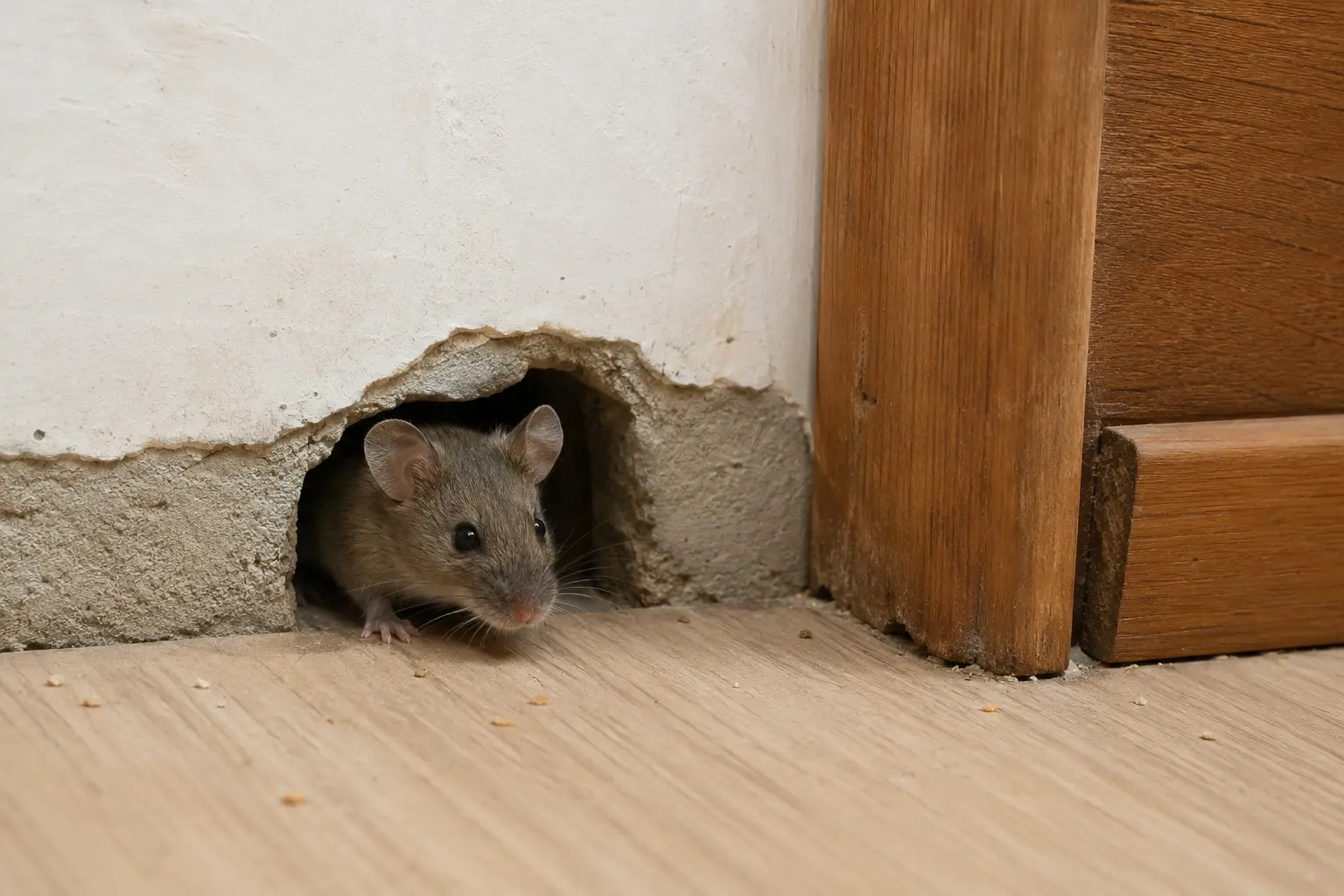 Maus in einer möglichen Eintrittsöffnung im Wandsockel neben einem Türrahmen