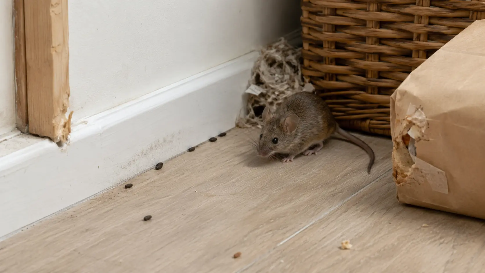 Maus neben Mäusekot und angenagter Papiertüte an einer Fußleiste