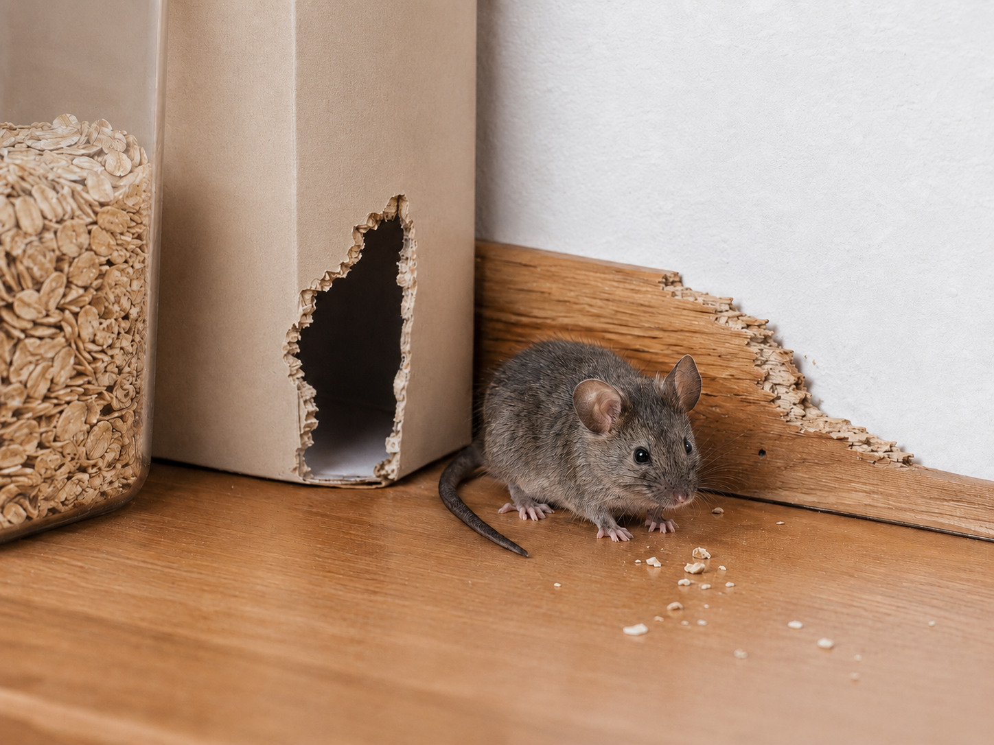 Maus vor angenagter Papierverpackung und benagter Fußleiste