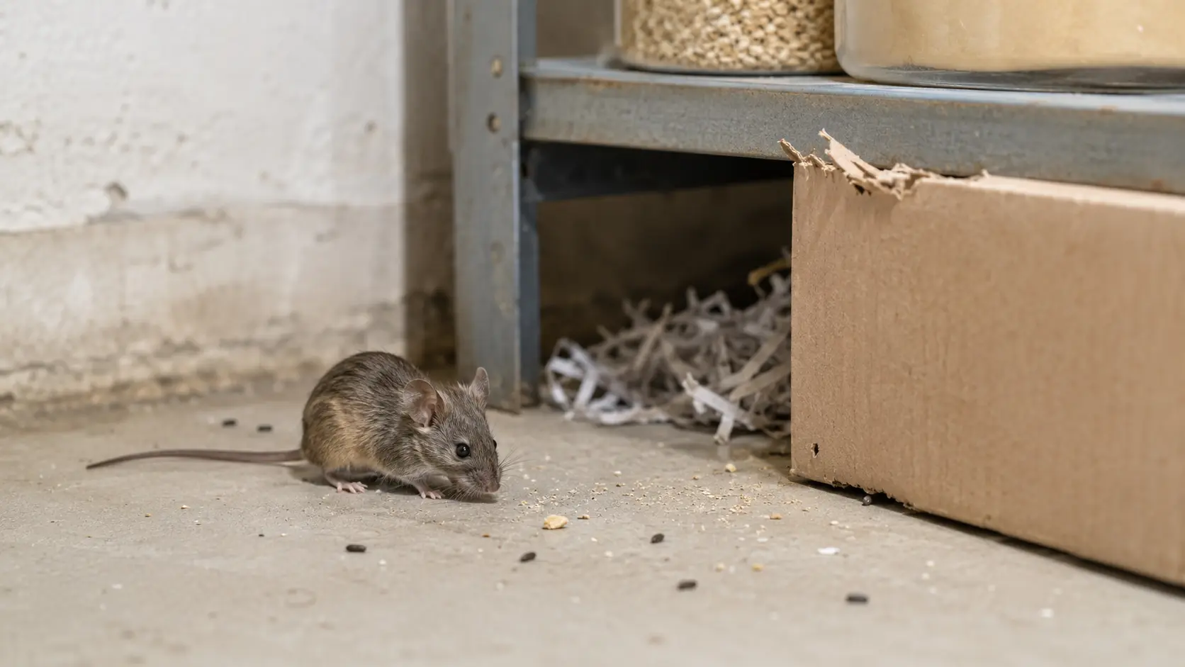 Maus neben Mäusekot, Nistmaterial und angenagtem Karton in einem Keller