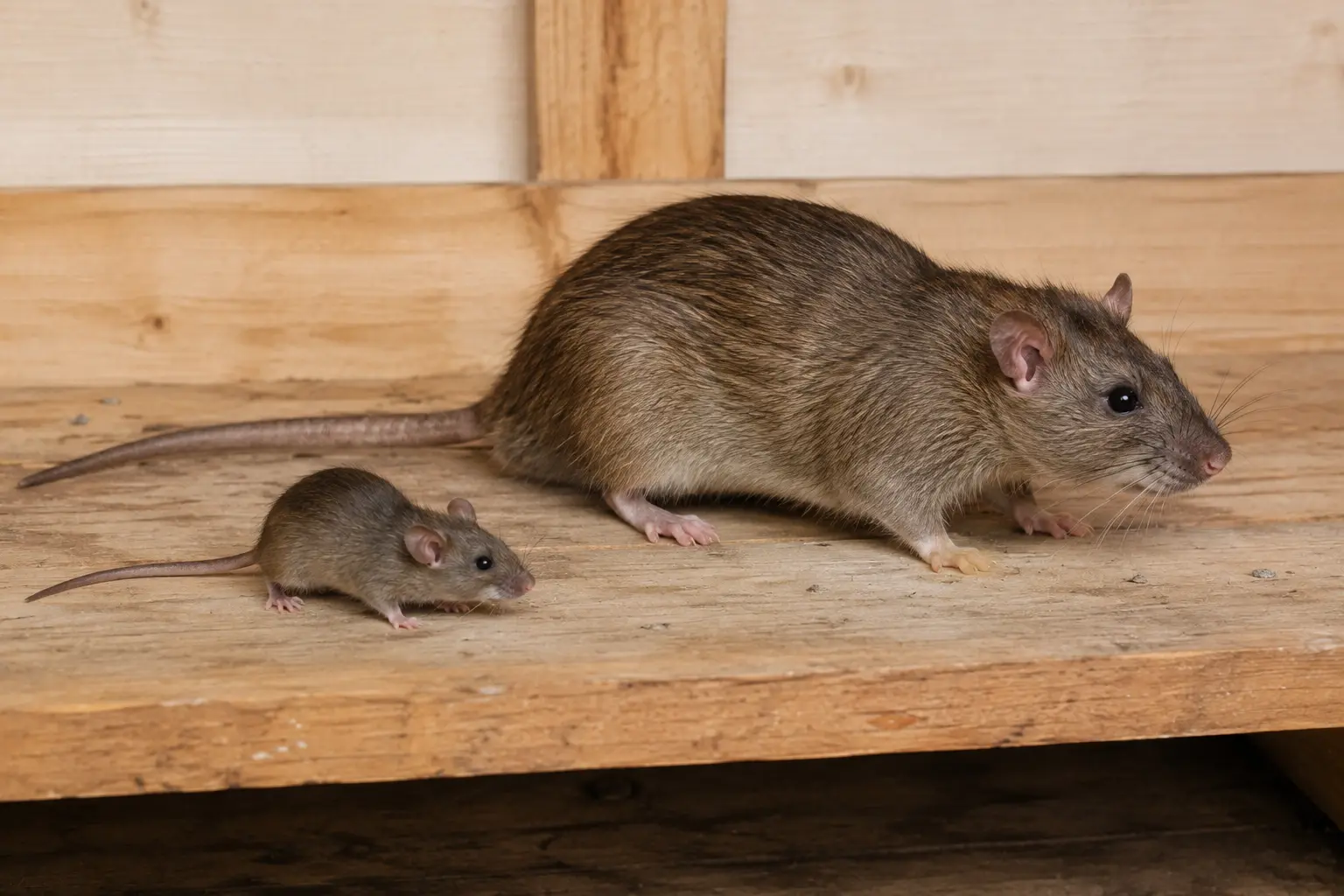 Hausmaus und Ratte nebeneinander auf einem Holzbrett im Größenvergleich