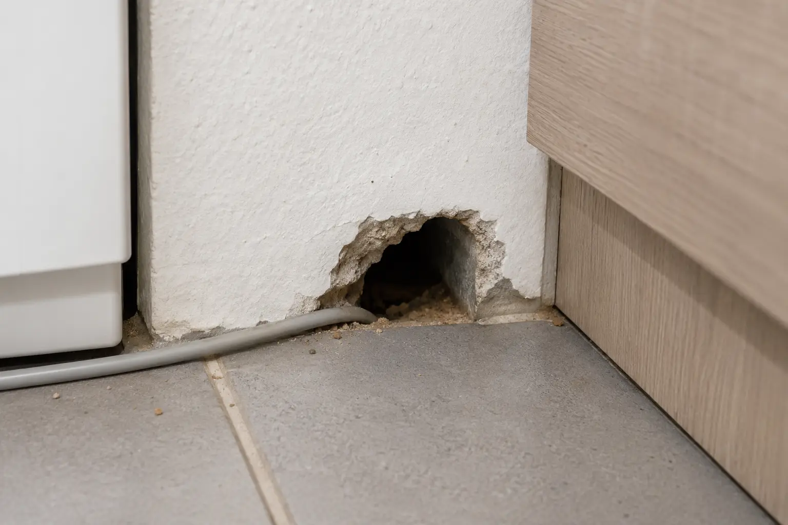 Öffnung in einer Wand neben einer Kabeldurchführung im Küchenbereich