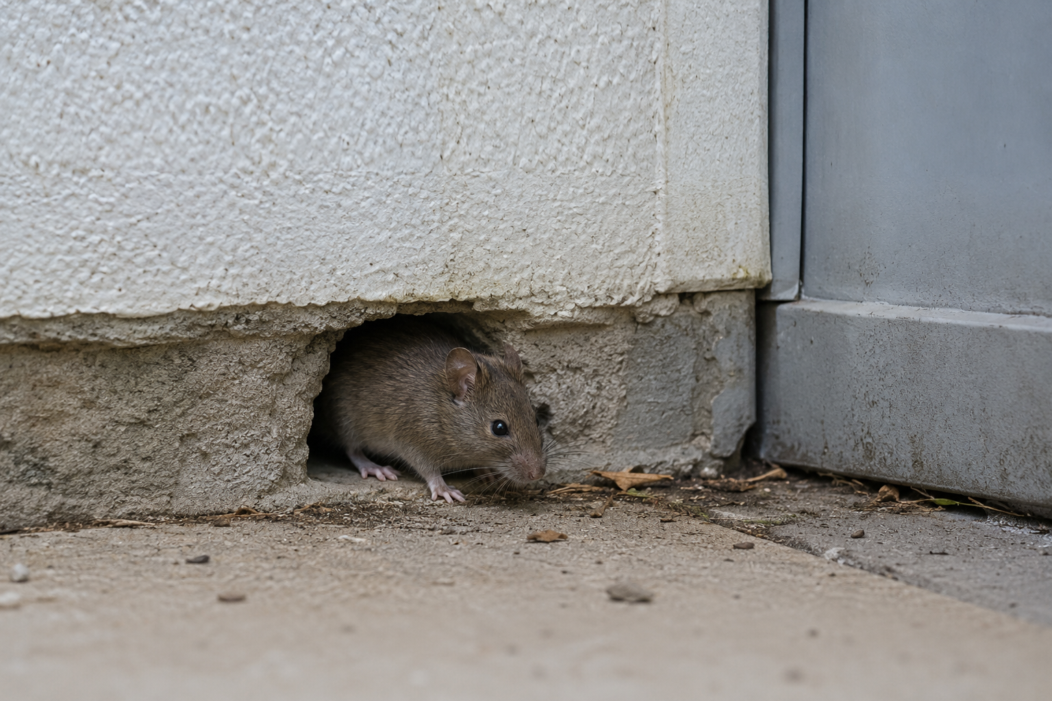 Maus in einer Öffnung am Gebäudesockel neben einer Tür