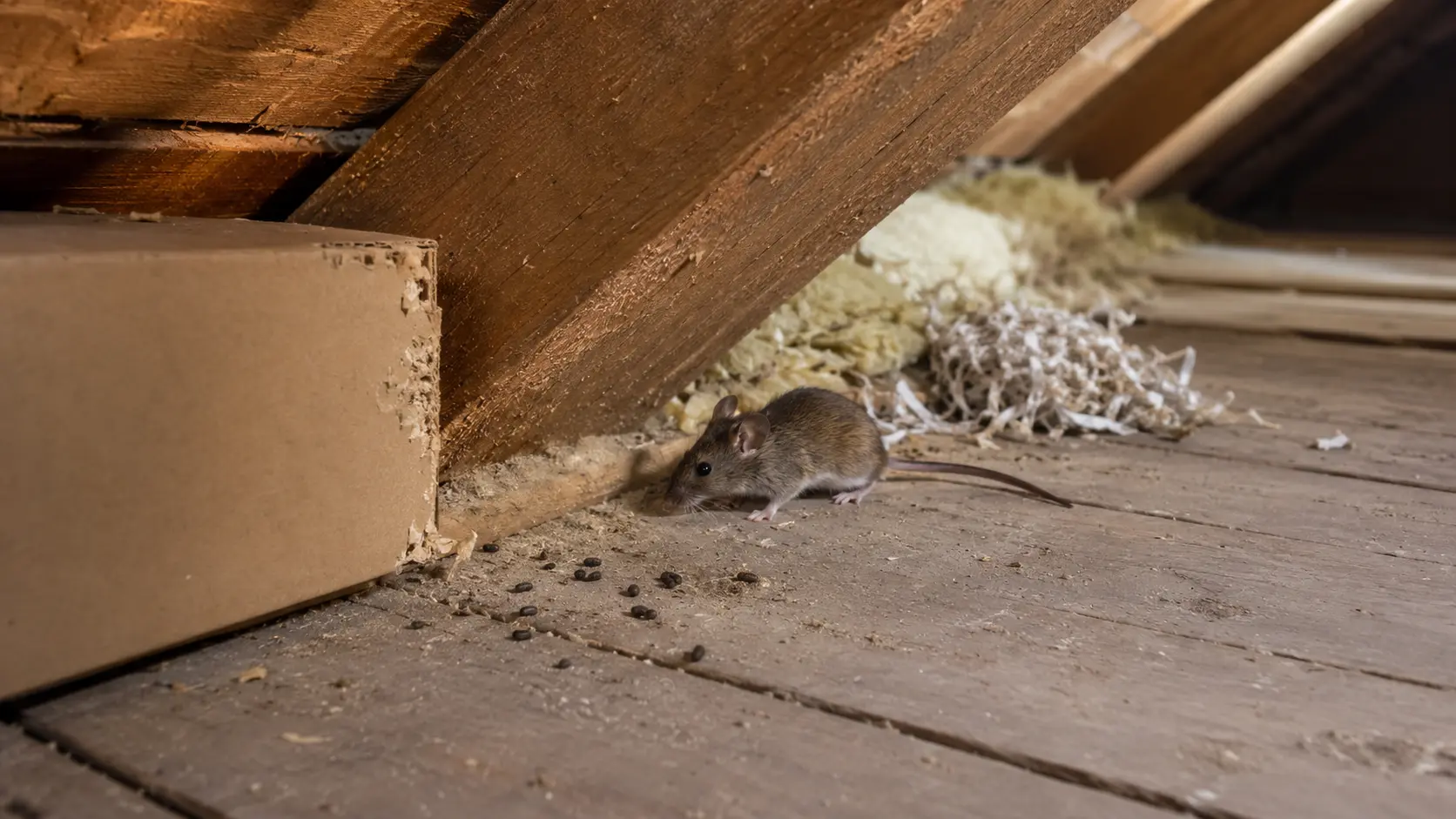 Maus neben Mäusekot und Nagematerial auf einem Dachbodenboden