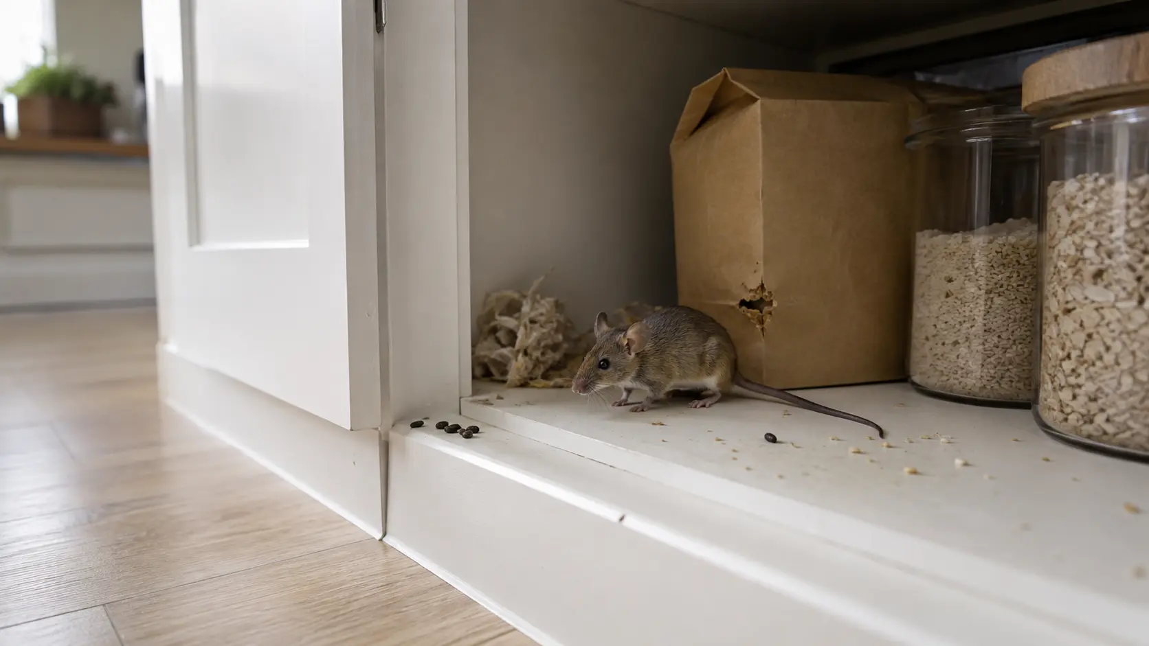Maus mit Mäusekot und angenagter Papiertüte in einem Küchenschrank