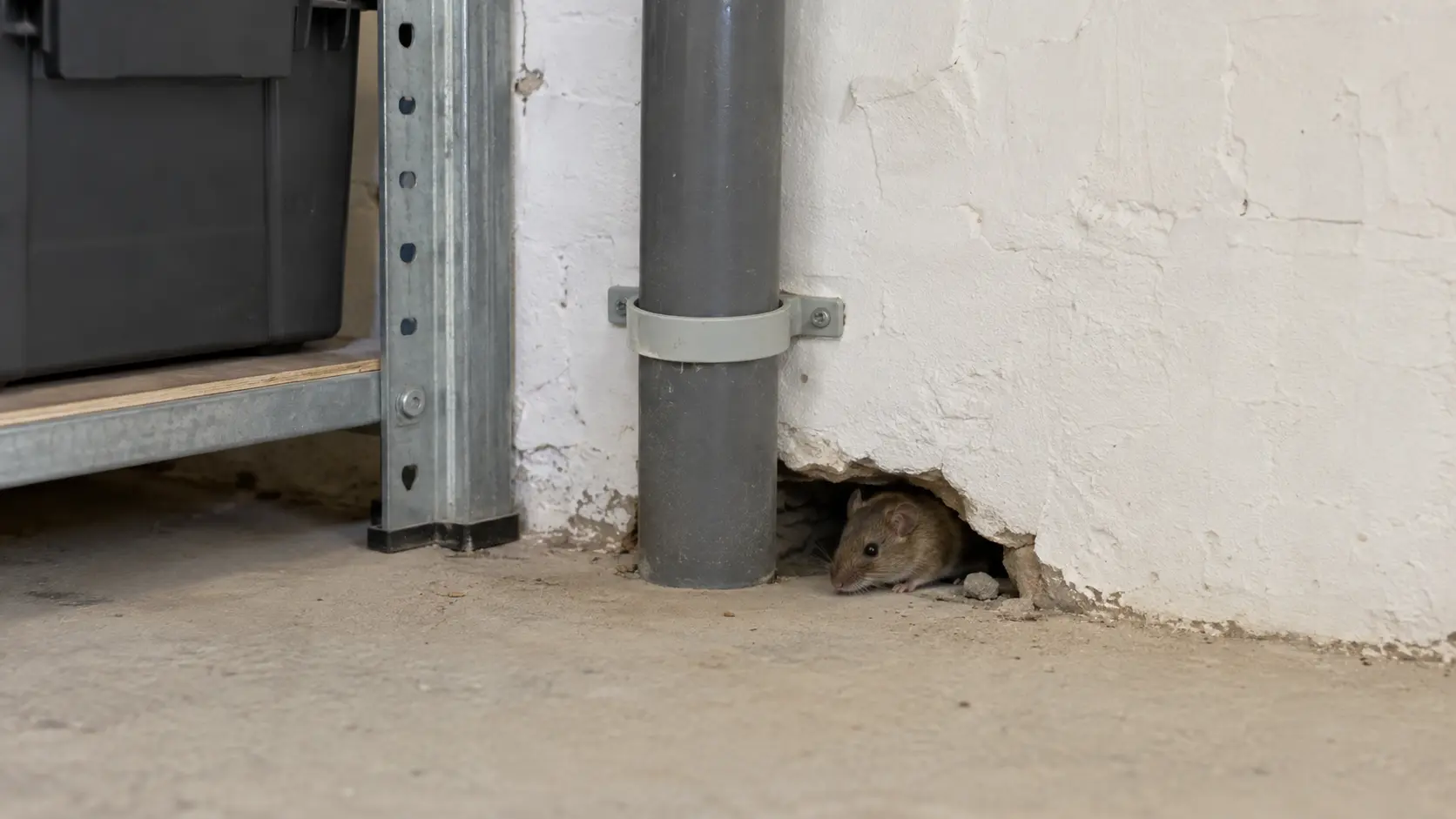 Maus in einer Öffnung an einer Kellerwand neben einer Rohrdurchführung