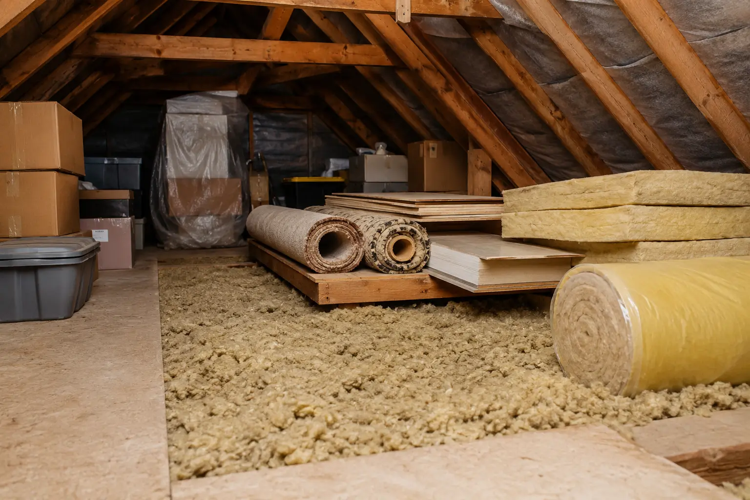 Dachboden mit Dämmmaterial, Kartons und gelagerten Materialien